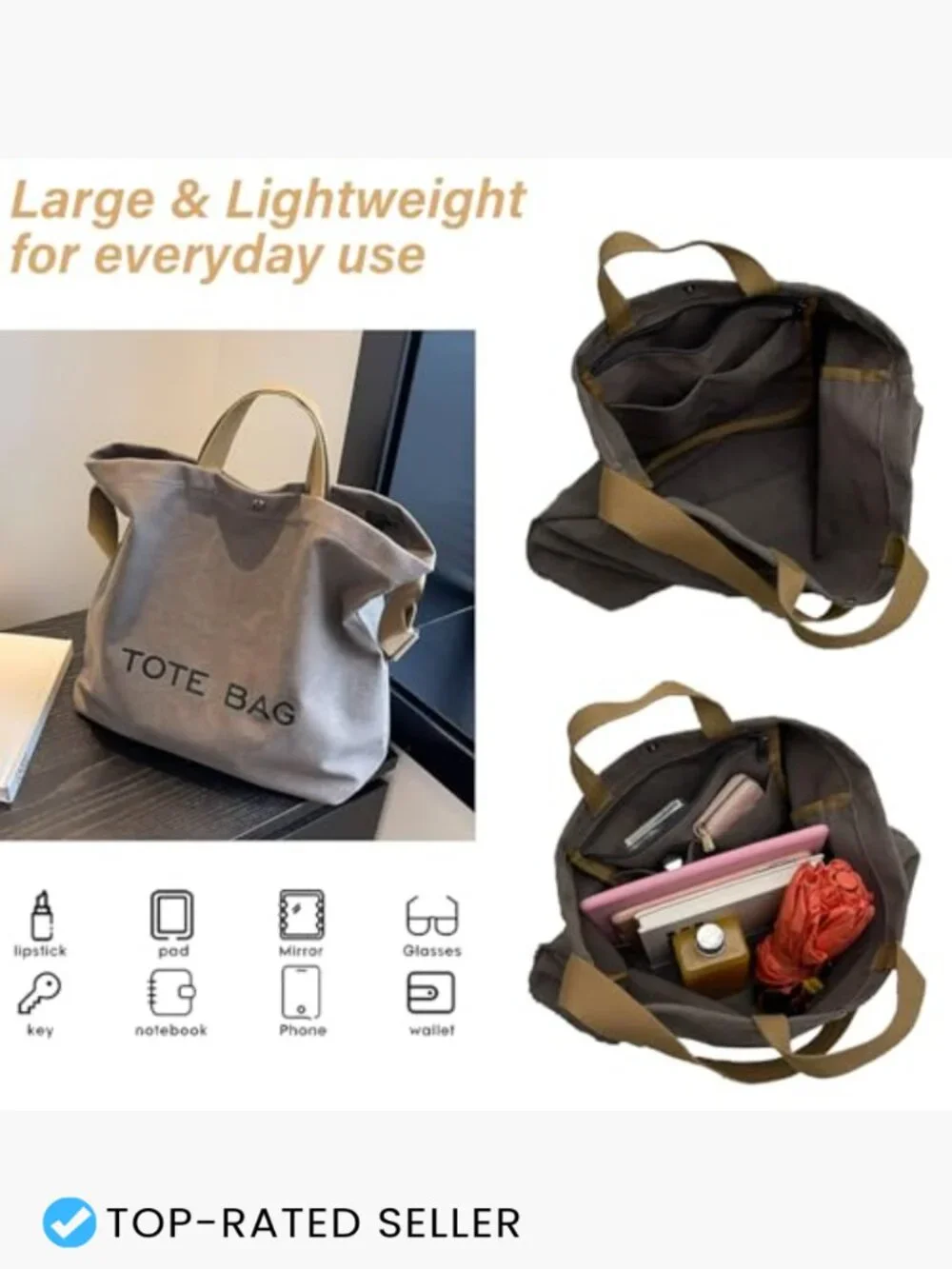 Large Canvas Tote Bag Sturdy Work Travel Shoulder Crossbody Top Handle Handbag
